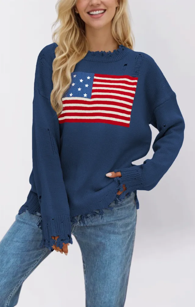 Round Neck European And American Fashion Sweater Women Blue - Shop at LoveMi