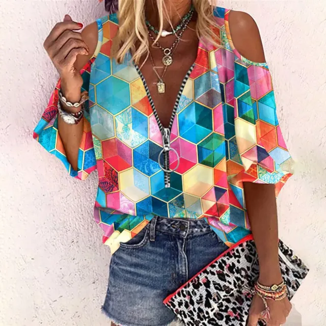 Printed V neck Zipper Off the shoulder Loose Casual Shirt Color - Shop at LoveMi