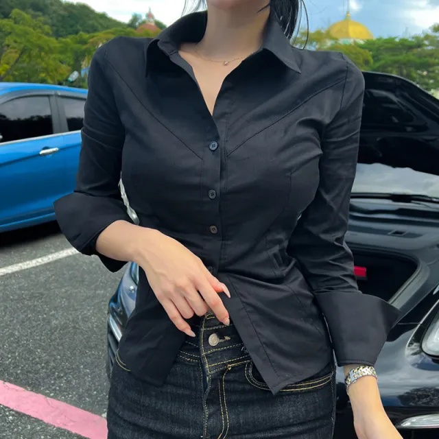 Elegant Gray Design Shirt With Long Sleeves A Turn down Collar And A Side Slit Black - Shop at LoveMi