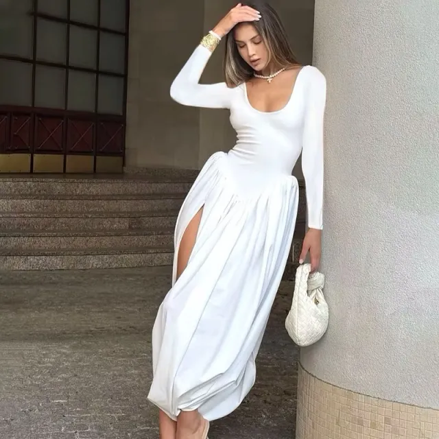U shaped Collar High Slit Pleated Backless Dress Long Sleeve Design Dress - Shop at LoveMi