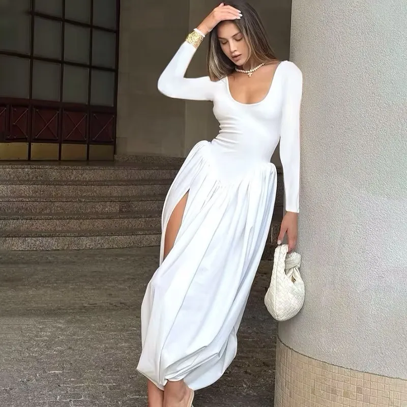 U-shaped Collar High Slit Pleated Backless Dress - Long Sleeve Design Dress
