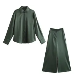 Fashion Silk Satin Textured Shirt Wide Leg Pants - Sets - View 1