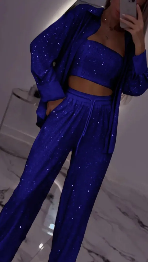 Loose Sequins Jacket Tube Top Three piece Suit Blue - Shop at LoveMi