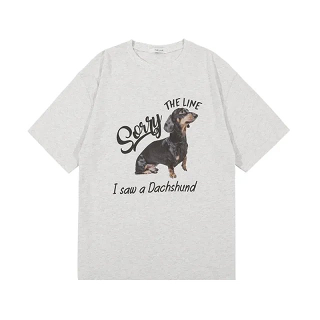 Retro Oatmeal Color Cute Sausage Dog Short Sleeve T shirt Gray - Shop at LoveMi