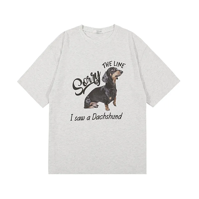 Retro Oatmeal Color Cute Sausage Dog Short Sleeve T-shirt - Gray