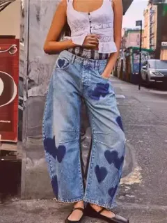 Casual Loose Mid Waist Cylindrical Women's Jeans - Blue Loving Heart - View 1