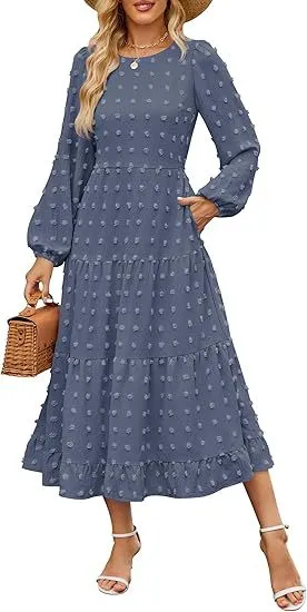 Autumn Long Sleeve Dress Casual Round Neck Denim Blue - Shop at LoveMi