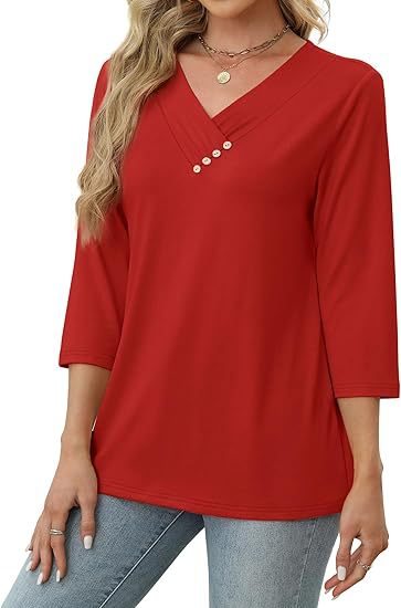 Red autumn button v-neck cotton t-shirt for women