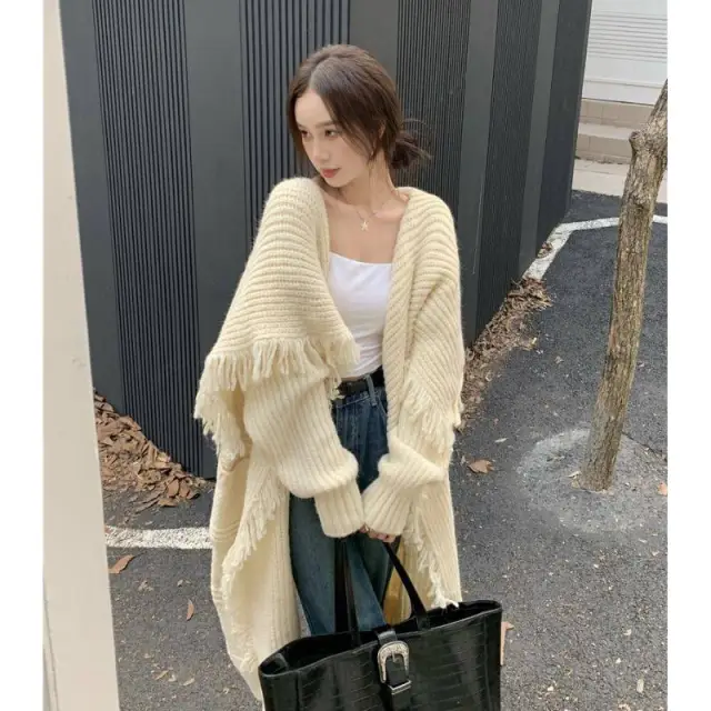 Mid length Knitted Cardigan Women's Over the knee Tassel Sweater Coat Beige - Shop at LoveMi