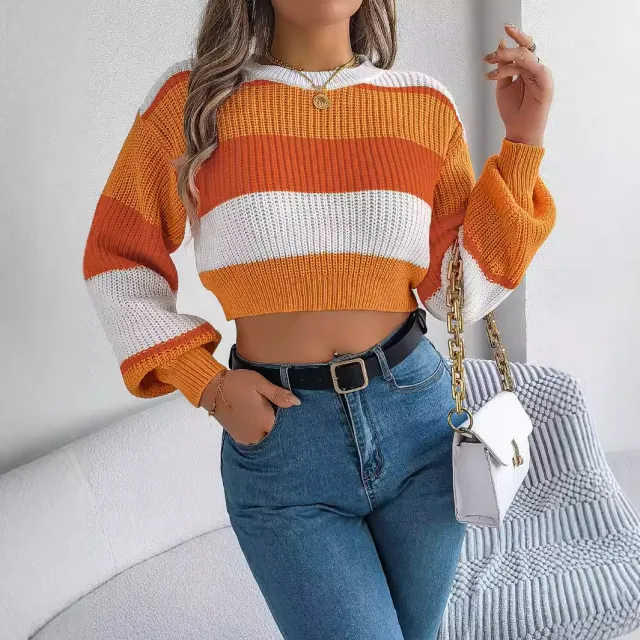 Women's Leisure Pullover Midriff baring Sweater Knitted Top Orange - Shop at LoveMi
