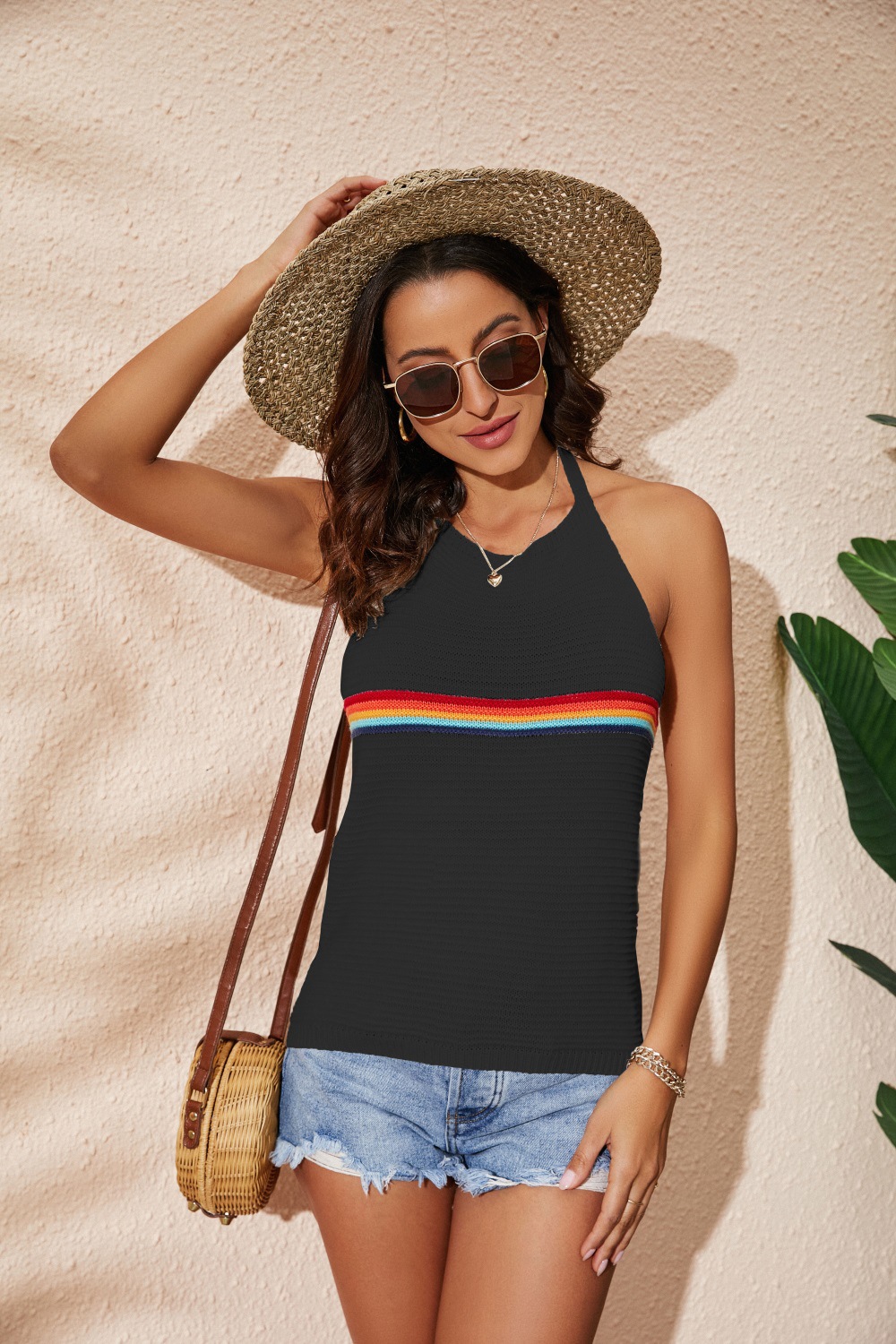 Women's Clothing Rainbow Color blocking Halter Top Fashion Backless Knitted Lace up Vest Black - Shop at LoveMi