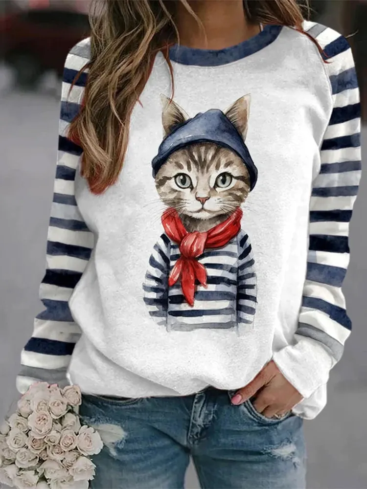 Women's Printed Crew Neck Sweatshirt - Type D-2Xl