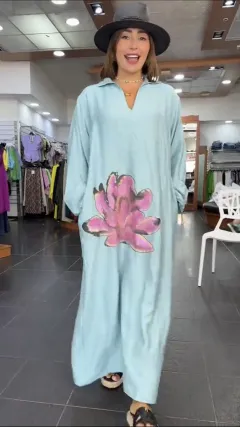 Urban Fashion Loose Flower V-neck Long-sleeve Dress - Light Blue - View 1