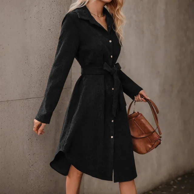 Front Button Belted Irregular Long Sleeve Corduroy Dress Black - Shop at LoveMi