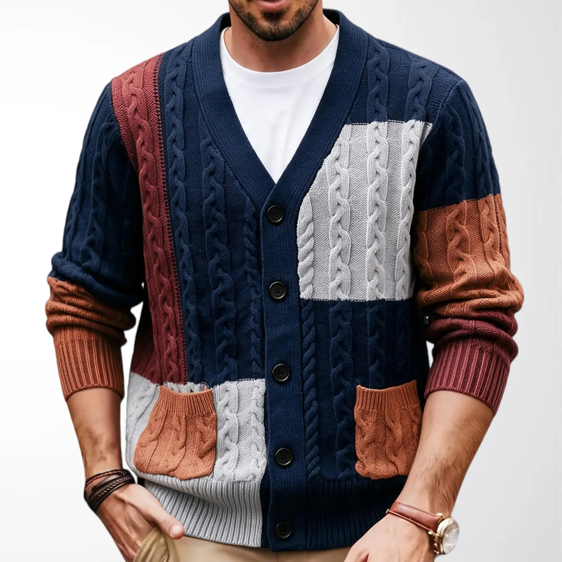 Retro Mens Color-block Hemp-flower Cardigan Sweater