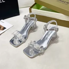 Chunky Heel Rhinestone One-strap Outdoor High Heels - Silver - View 1