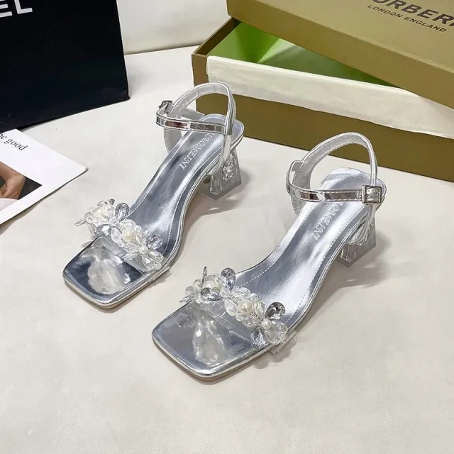 Chunky Heel Rhinestone One strap Outdoor High Heels Silver - Shop at LoveMi