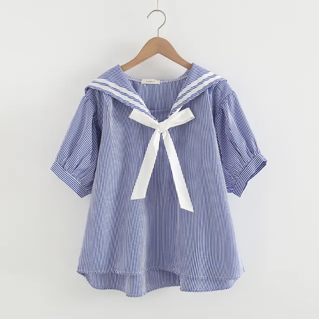 Elegant Cotton Pullover Sailor Collar Loose Women's Shirt Purple Stripes - Shop at LoveMi