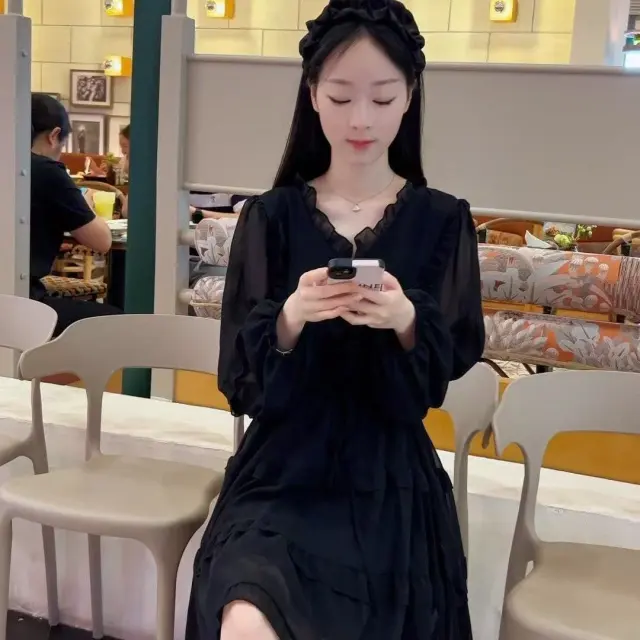Solid Color Versatile French Black Dress Summer Women Black - Shop at LoveMi