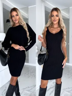 Fashion Long Sleeve Top Suspender Skirt - Black - View 1