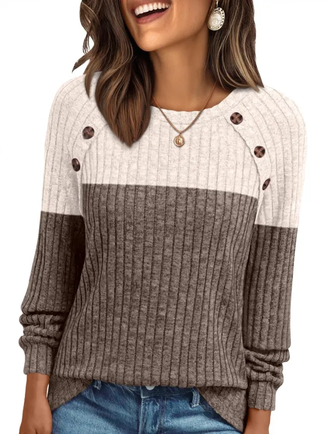Women's Round neck Sunken Stripe Brushed Solid Color Top Long Sleeve Apricot Contrast Dark Gray - Shop at LoveMi