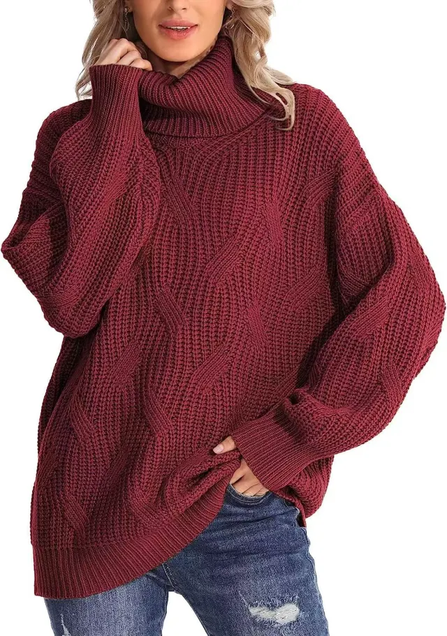 Women's Fashion Loose High Collar Twisted Knitted Sweater Pullover Long Sleeve Wine Red - Shop at LoveMi