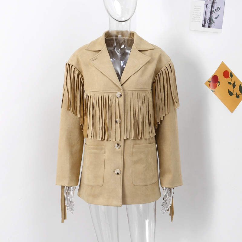 Brown Jacket With A Lapel Tassel Detailing, And Long Sleeves