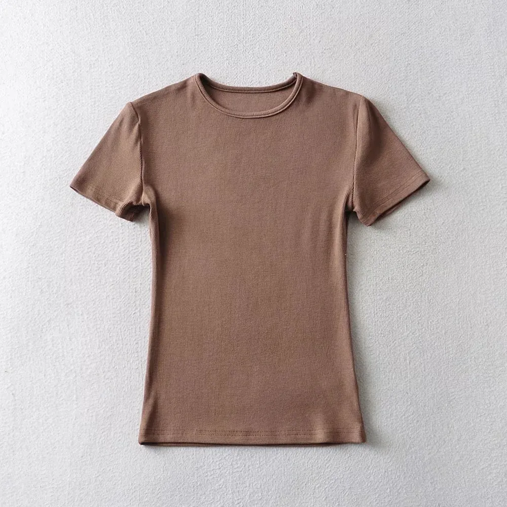 Women's Solid Color Round Neck Pullover Short Sleeve T-shirt - Khaki