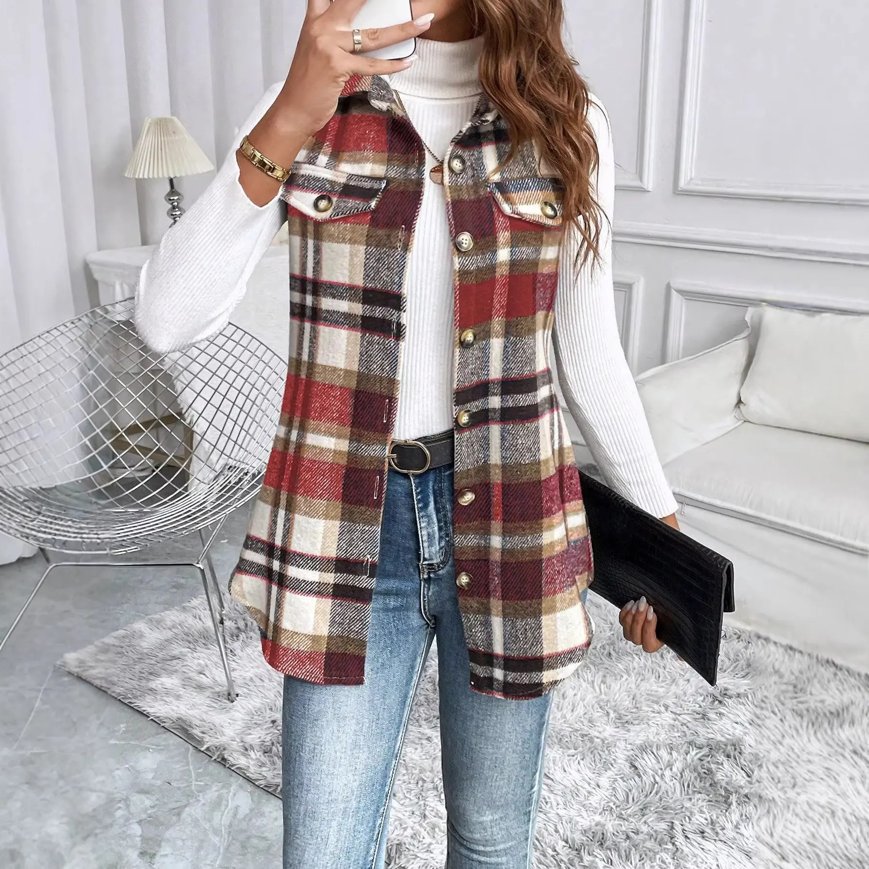 Womens Woolen Plaid Vest Coat