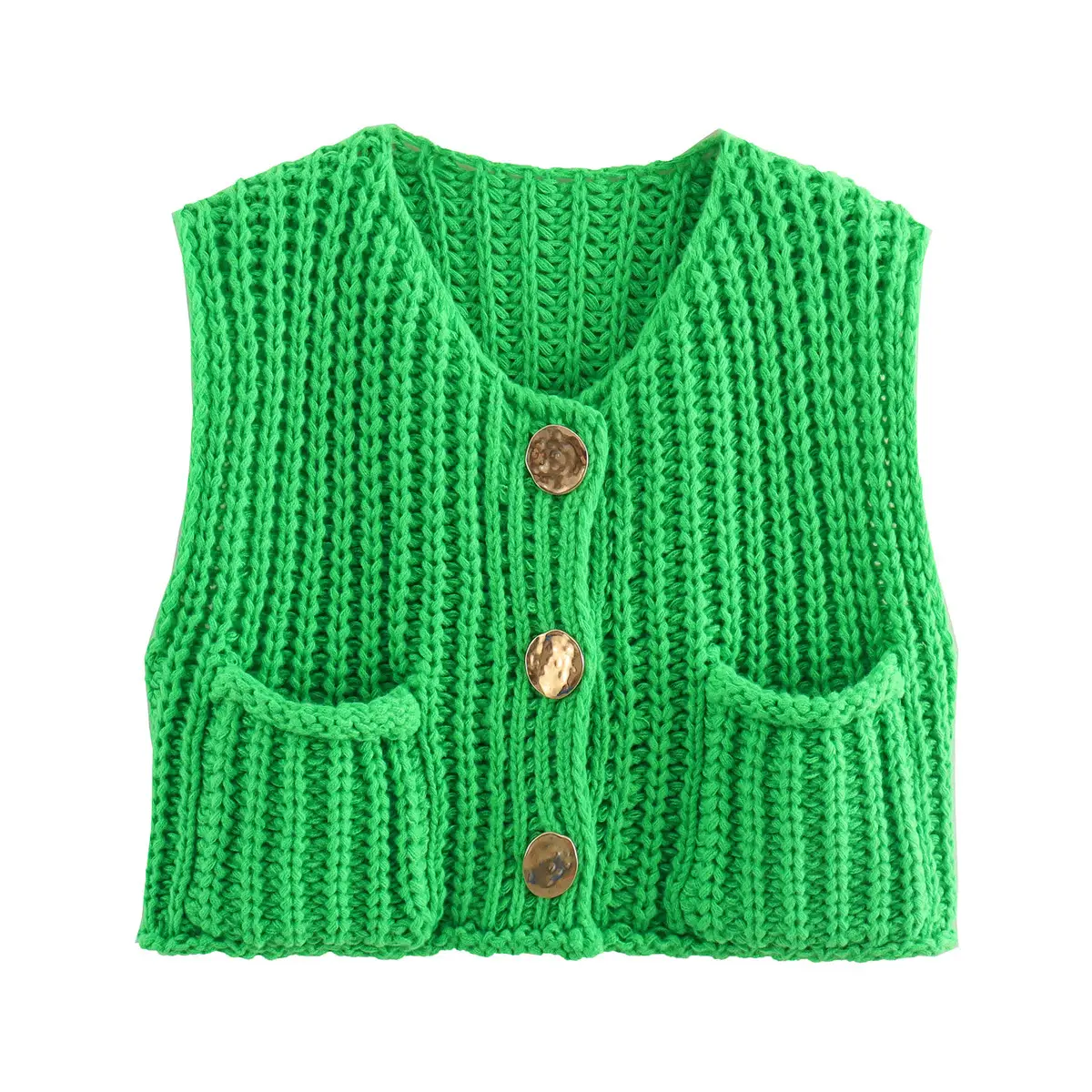 Women's Pocket Sleeveless Short Knitted Cardigan Vest Shirt