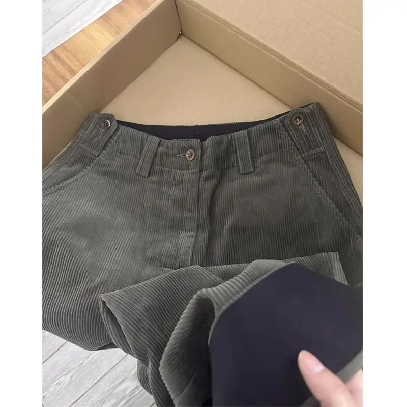 New Womens Dark Green High Waisted Slimming Corduroy Wide Leg Pants