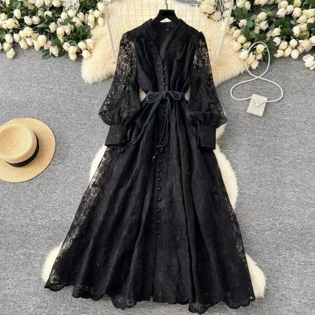 V neck Single Breasted Long Skirt Black - Shop at LoveMi