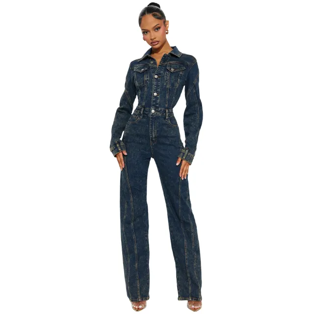 Washed Long sleeve Patchwork Denim Jumpsuit Blue - Shop at LoveMi