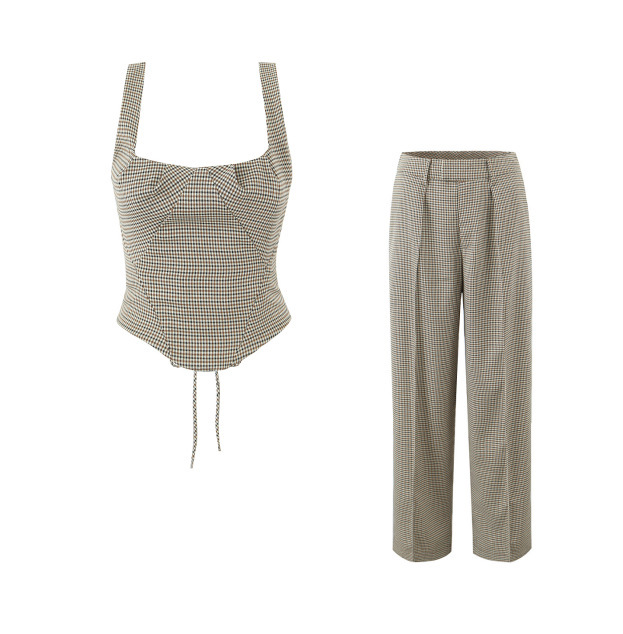 Slim-fitting Simple High Waist Top Corset Plaid New Pants