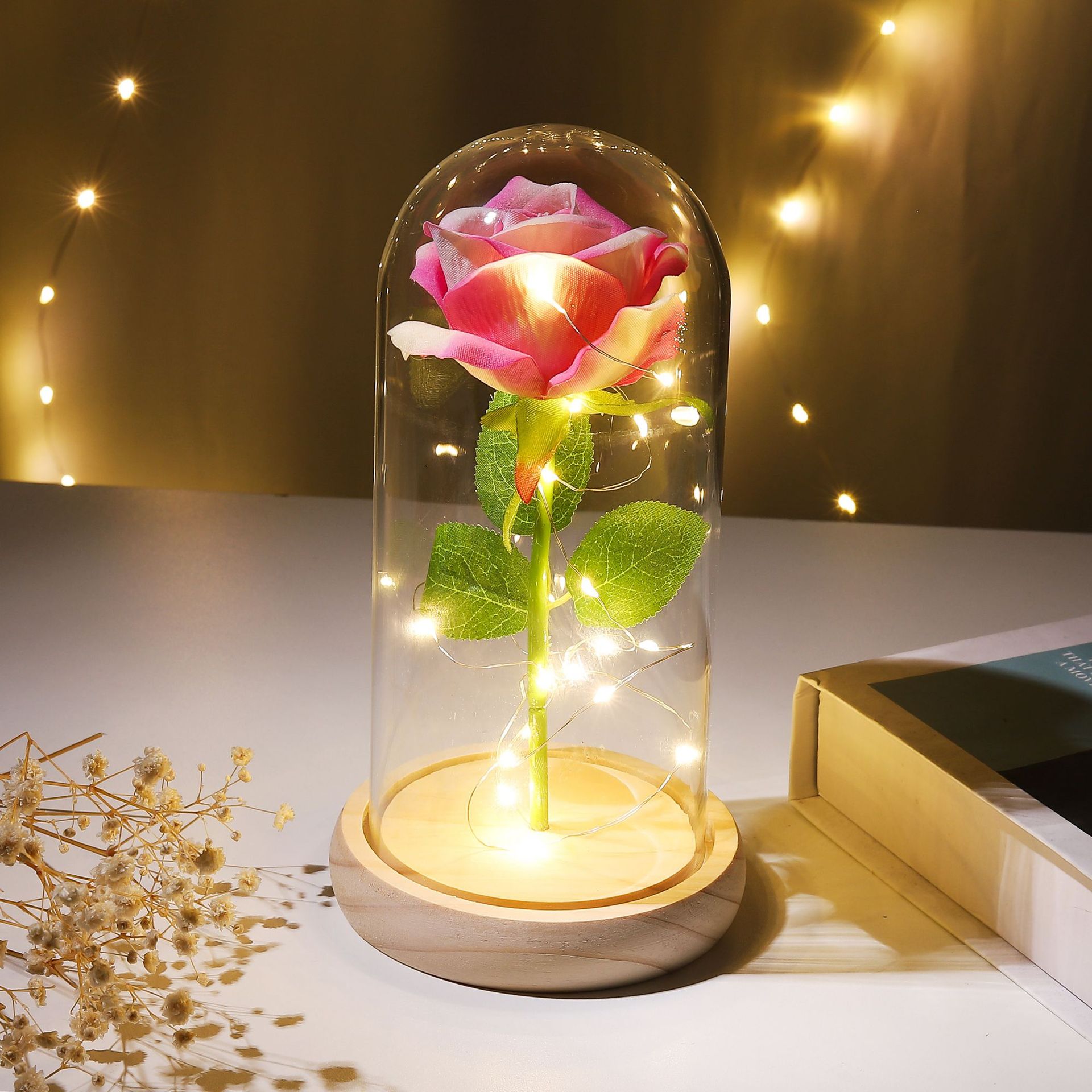 Preserved Flower Glass Dome Artificial Rose Night Light For Christmas
