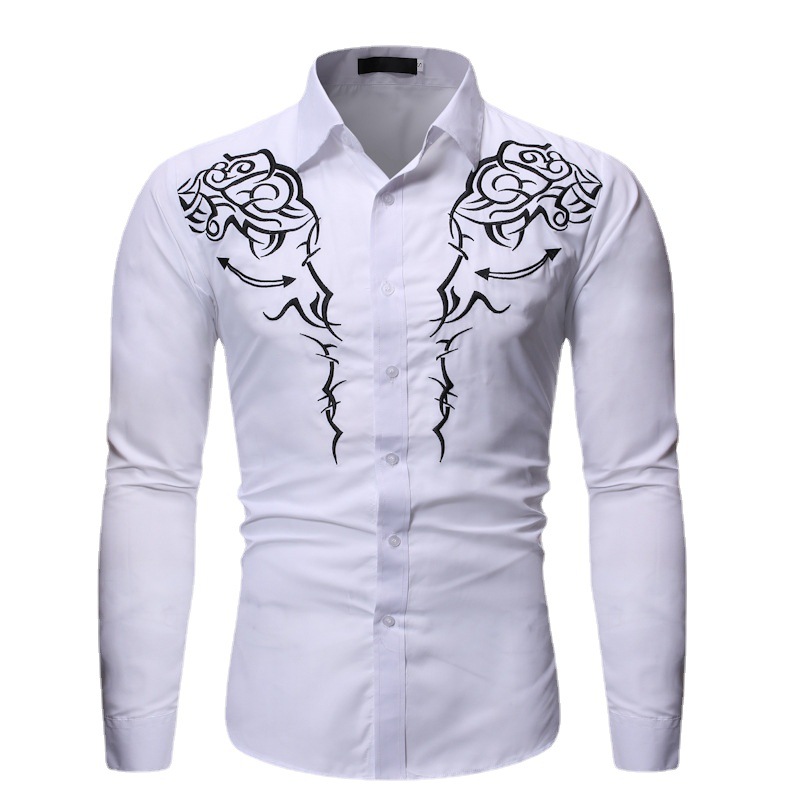 Foreign Trade Men's Shirt Youth Fashion New Totem Embroidered Sports Leisure Slim Fit Fashion Long Sleeve Men's Shirt
