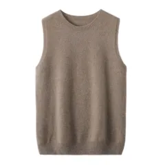 Women's Round Neck Sleeveless Pure Wool Sweater Vest - Camel - View 1