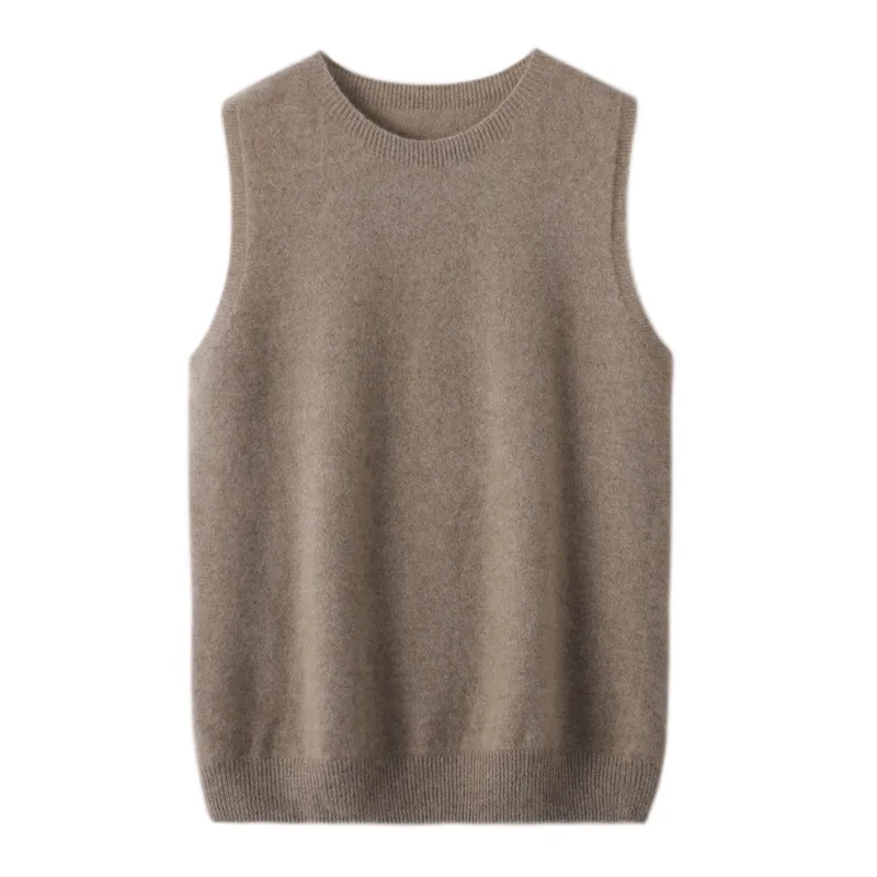 Women's Round Neck Sleeveless Pure Wool Sweater Vest - Purple Velvet Camel