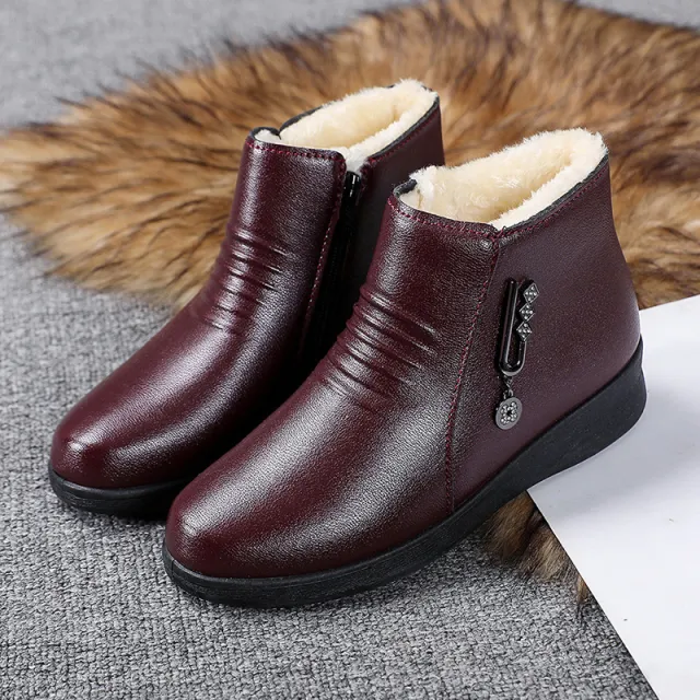 Female Fleece lined Flat Bottom Middle aged Cotton padded Leather Shoes Wine - Shop at LoveMi