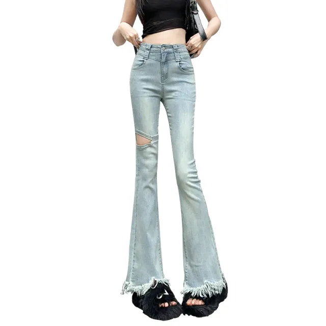 Fringed Burr Slightly Flared Jeans Women Emerald Green Trousers - Shop at LoveMi