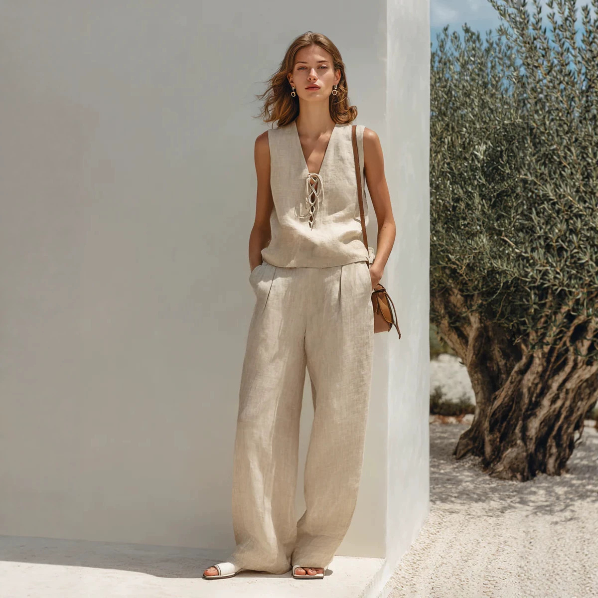 Womens Linen Lace-Up Sleeveless Top And Wide-Leg Pants Set