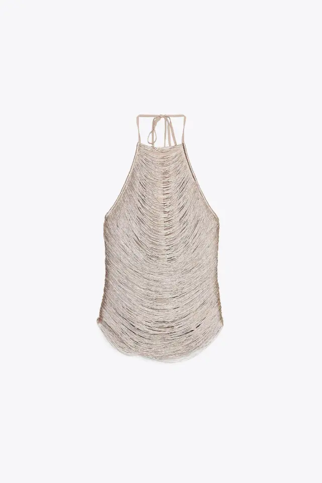 Metallic fringed French style Halter Top With Adjustable Bow Metallic Color L - Shop at LoveMi