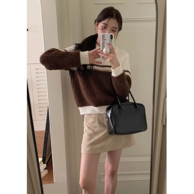 Women's Contrast Color Knit Casual Sweater Brown - Shop at LoveMi