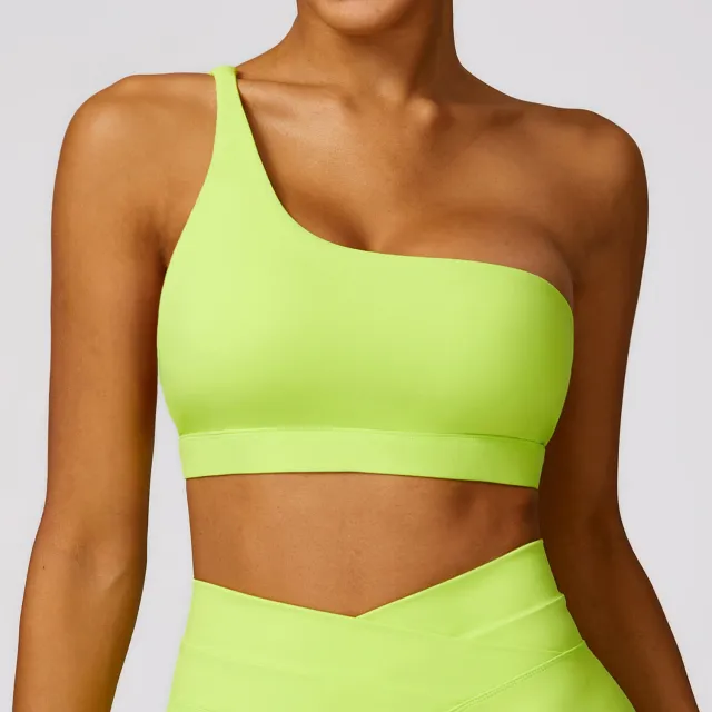 Women's One shoulder Beauty Back Yoga Bra Quick drying Workout Top Lime Green - Shop at LoveMi