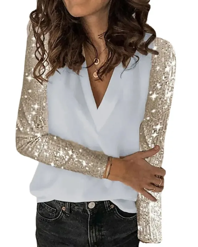 Sequined Stitching Long sleeved Loose V neck Pullover Shirt Light Blue - Shop at LoveMi