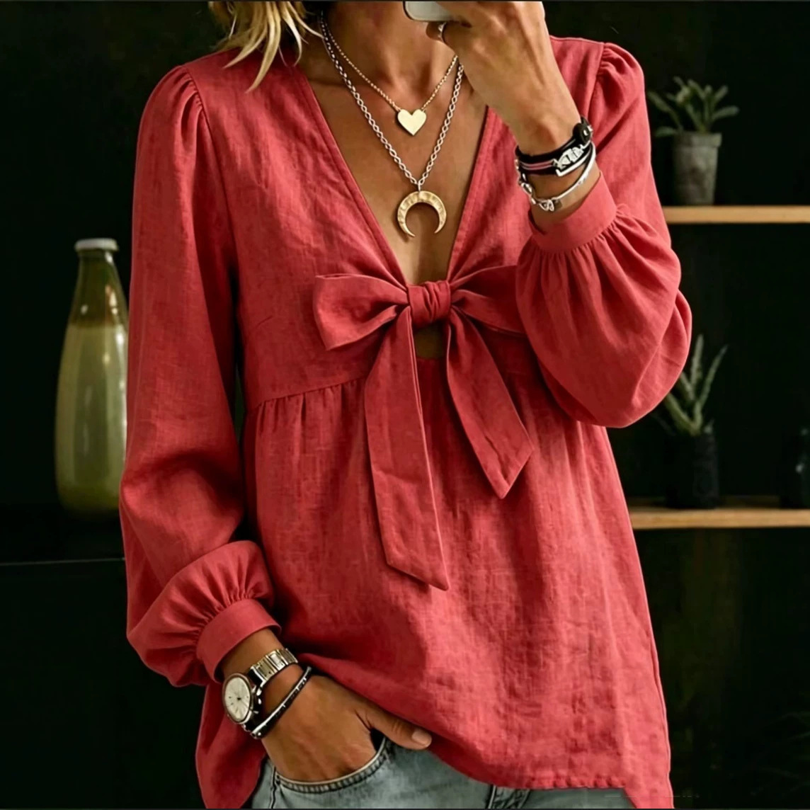 Autumn V-neck Bow Cotton Linen Shirt