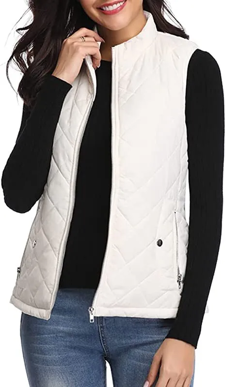 Women's Cotton Vest Stand Collar Zipper Pocket Warm - White