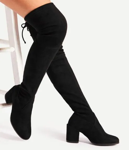 Mid High Tube Chunky Heel High Heel British Style Fashion All match Stretch Boots Black - Shop at LoveMi