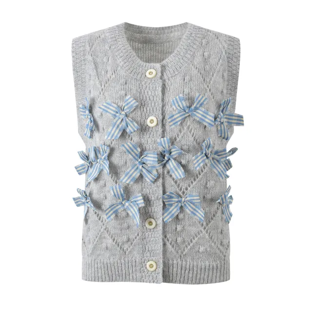 Women's Single breasted Knitted Vest Short Top With Bow Decoration Gray - Shop at LoveMi