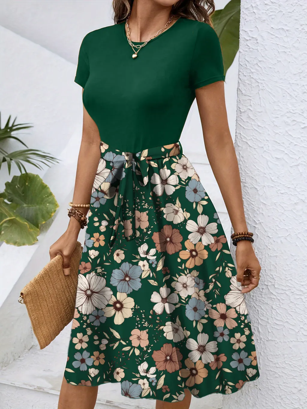Fashion Trendy Grace Round Neck Hand-painted Flowers Printed Mid-length Dress - Dark Green